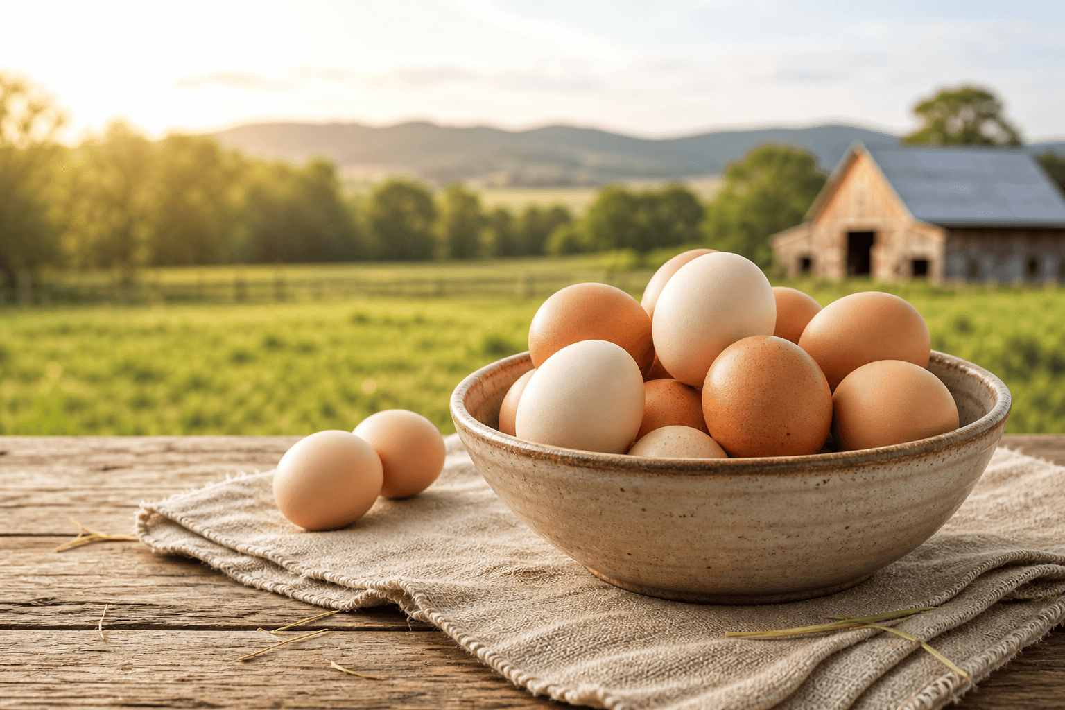 Bowl of fresh eggs on a farm table with a pasture and barn behind it